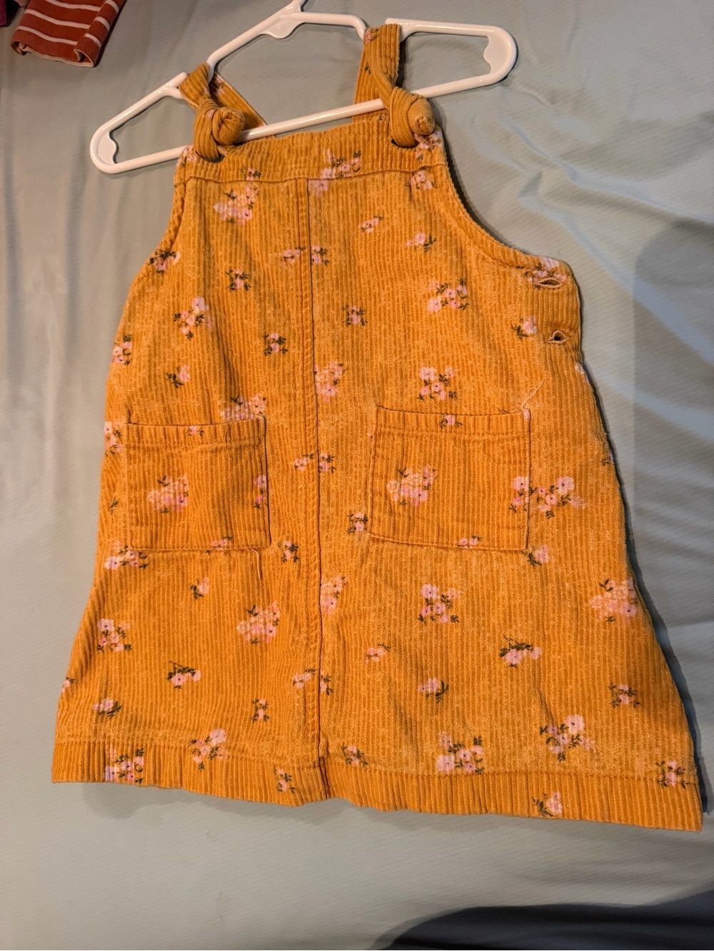 Girls Floral Corduroy Overall Dress in Mustard Yellow